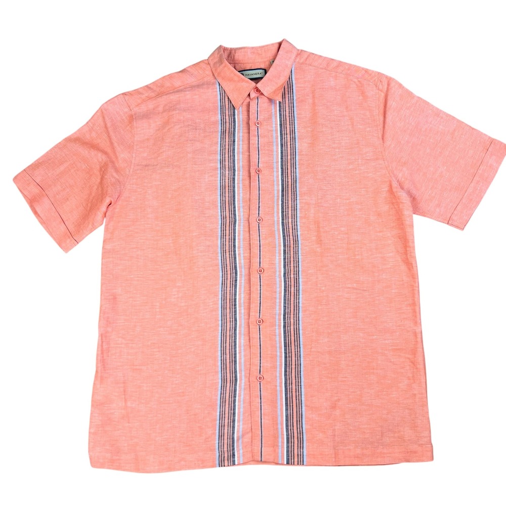 Havanera Mens XL Coral Salmon Linen Blend Striped Short Sleeve Button Down Shirt